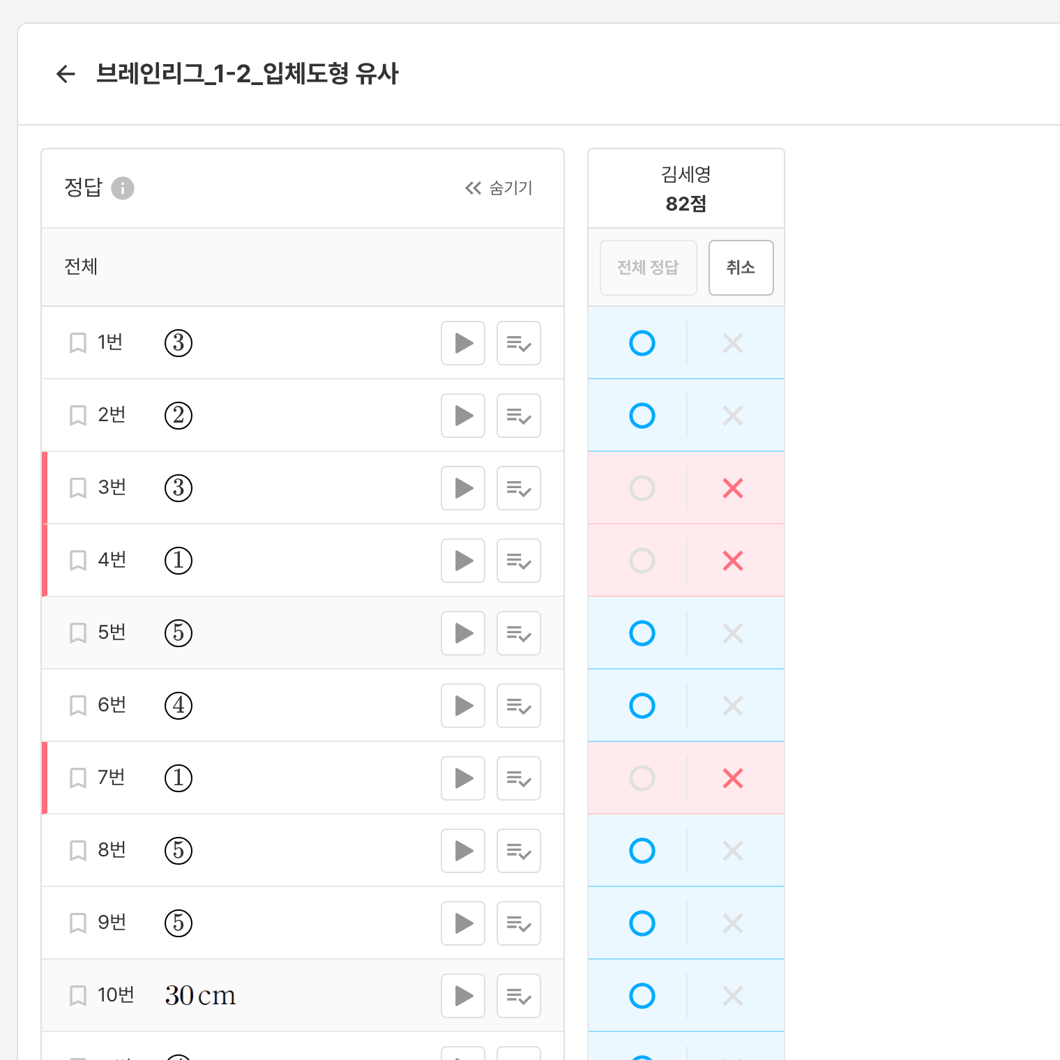 채점하기 화면 · 각 문제 번호 왼쪽에 있는 북마크(즐겨 찾기) 아이콘 (학생 개인·전체 채점 모두 동일)