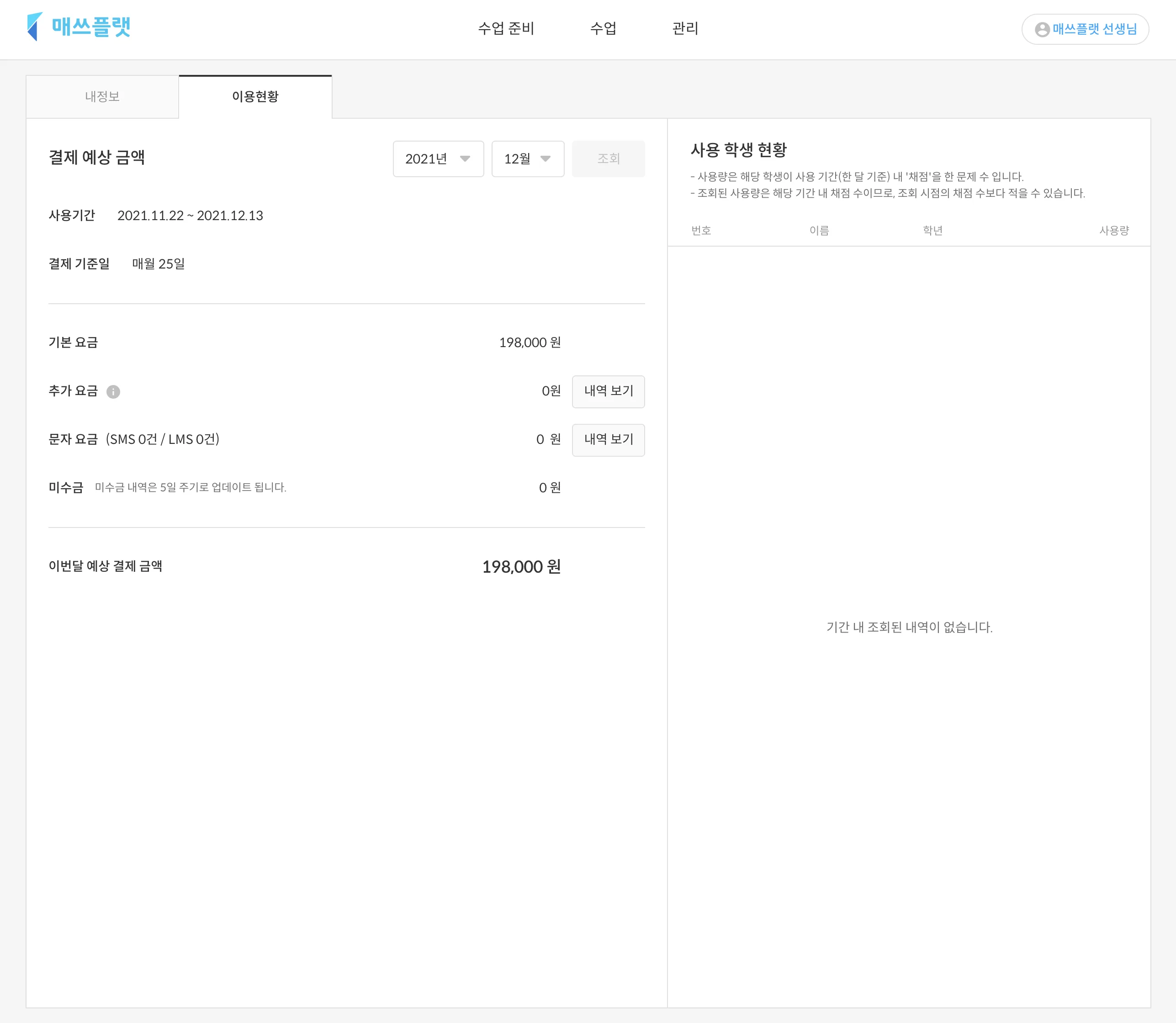 사용량이 없는 경우의 이용현황 화면