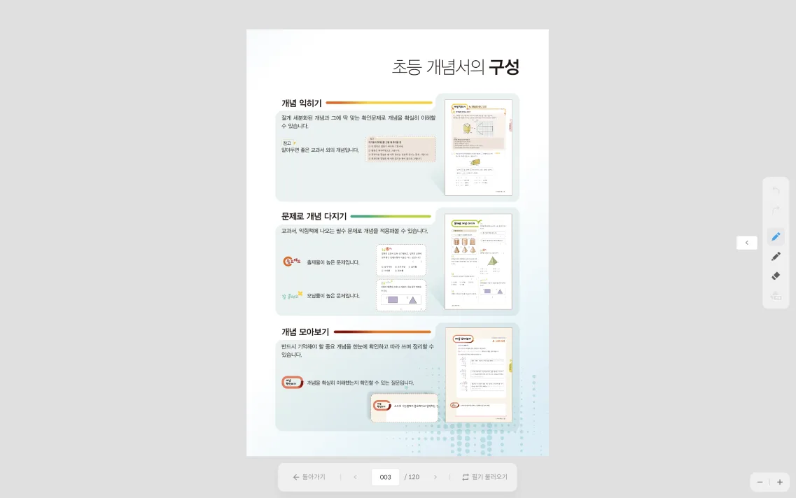 시그니처 교재 수업 모드(뷰어) 화면 — 교재 페이지와 우측 필기 도구, 하단 필기 불러오기 버튼
