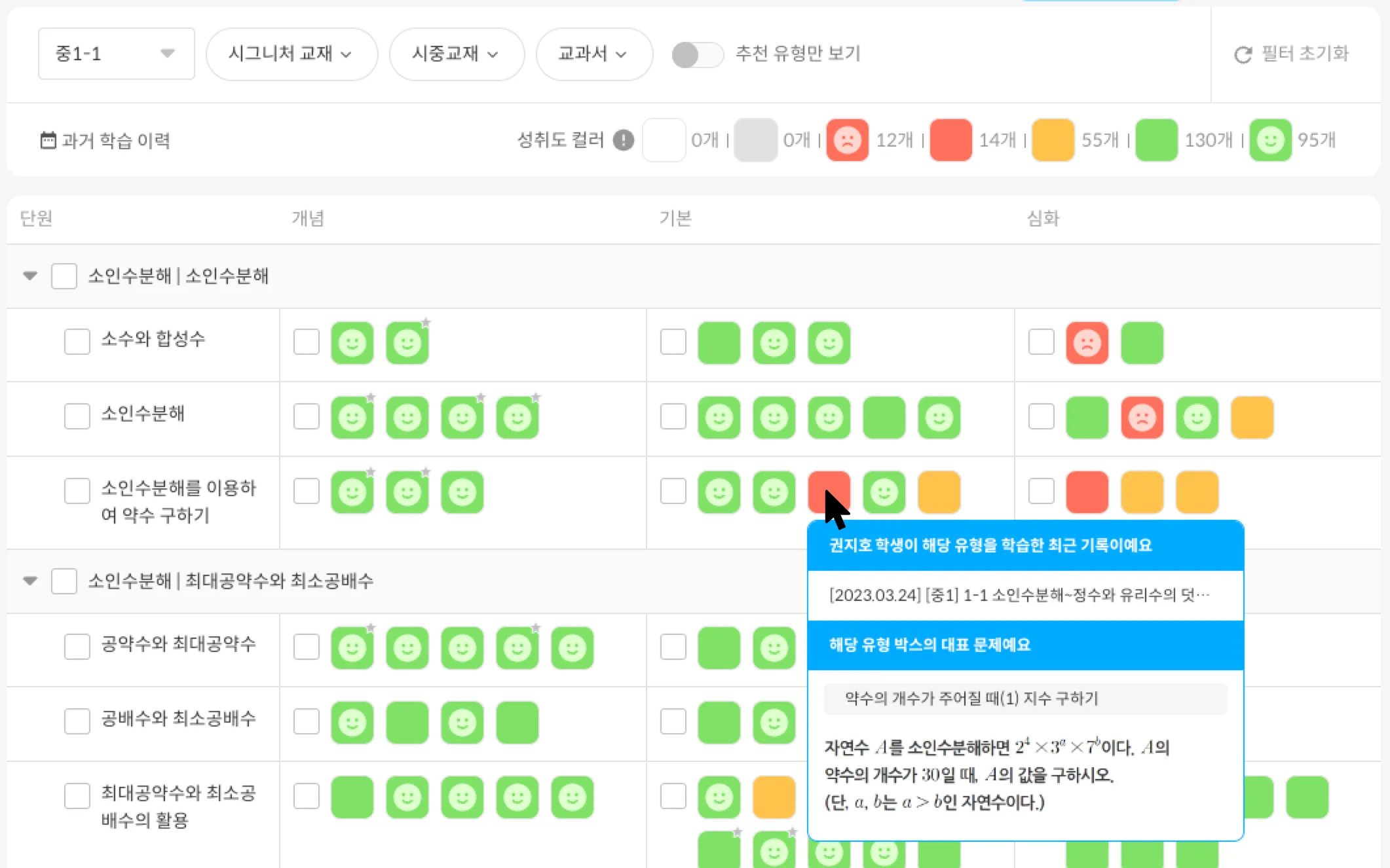 유형칩에 마우스를 올렸을 때 최근 학습한 문제 정보와 대표 문항이 뜨는 미리보기 화면