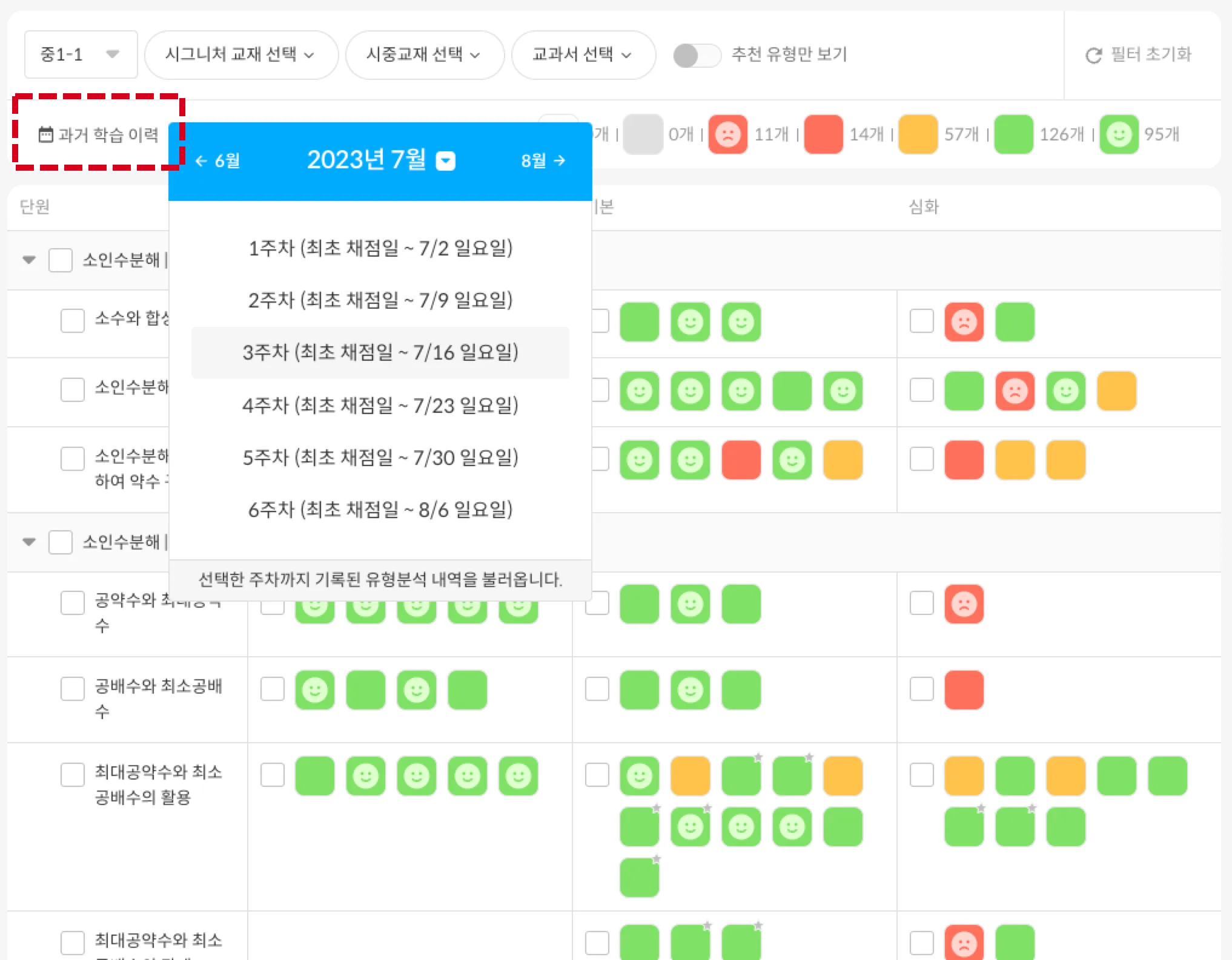 과거 학습 이력을 1주일 단위로 선택해 현재 성취도와 비교하는 화면