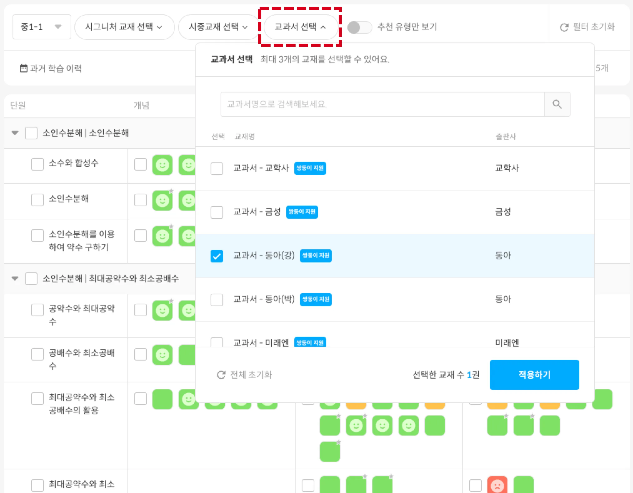 교과서 필터에서 학생별 교과서를 선택하는 화면 (최대 3개 선택 가능, 시그니처·시중교재와 교차 선택 가능)